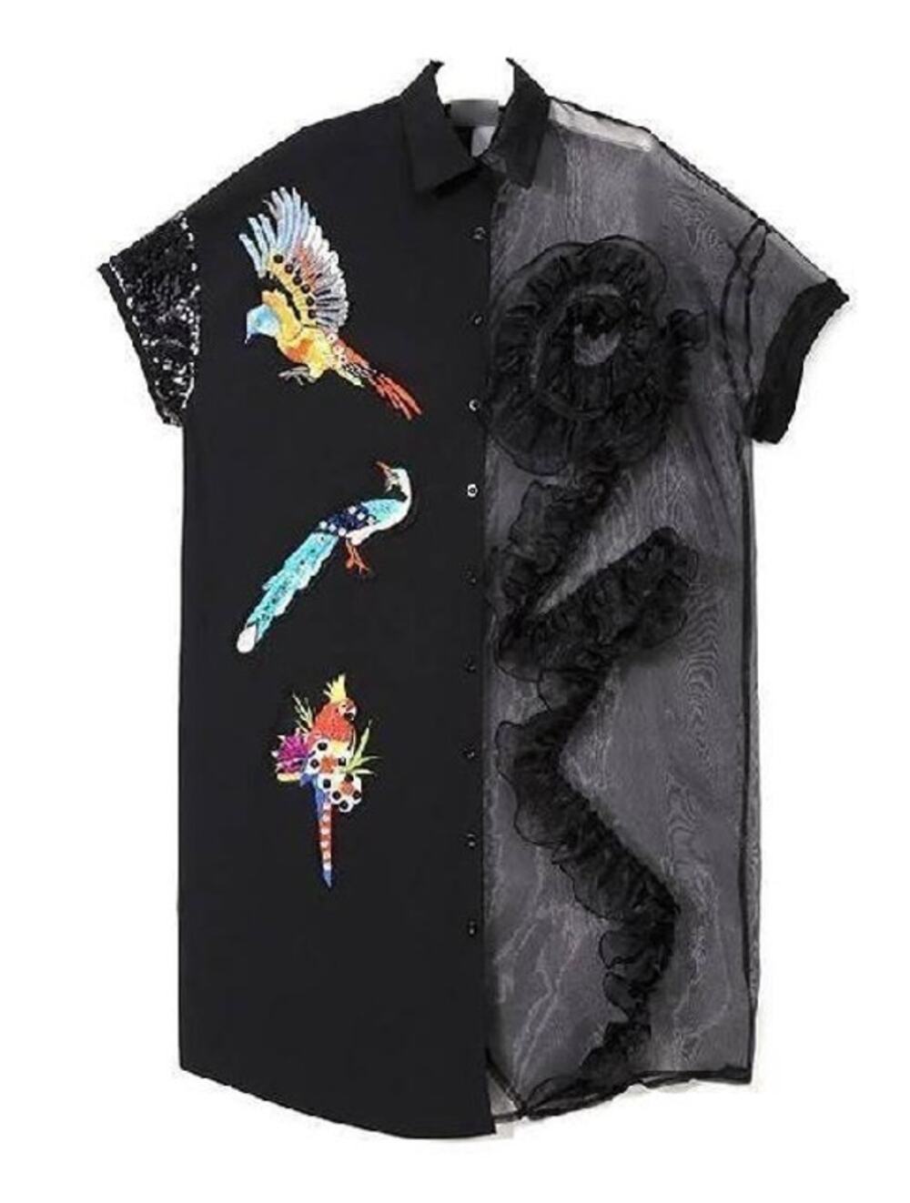 Stella Marina Sheer Mesh Tunic Shirt Dress Women's XL Black Embroidered Bird